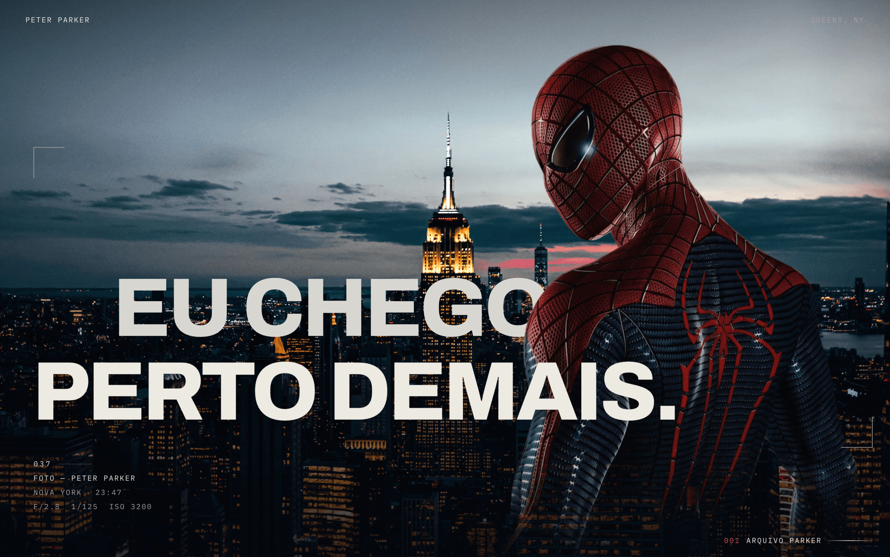 Hero do projeto Peter Parker: o Homem-Aranha de costas contra o horizonte noturno de Nova York, com o título 'Eu cheguei perto demais.' sobre a imagem.